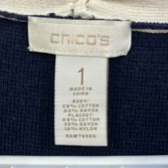 ❤️2/$30❤️[SZ1]Chico Cotton  Blend Short Sleeve Blue Cardigan with Cream Trim - Picture 5 of 5